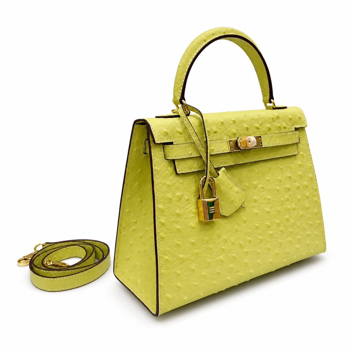 Kelly Sellier 25cm Jaune Poussin Ostrich Gold Hardware Designer Women Shoulder — Versatile Structured Bag