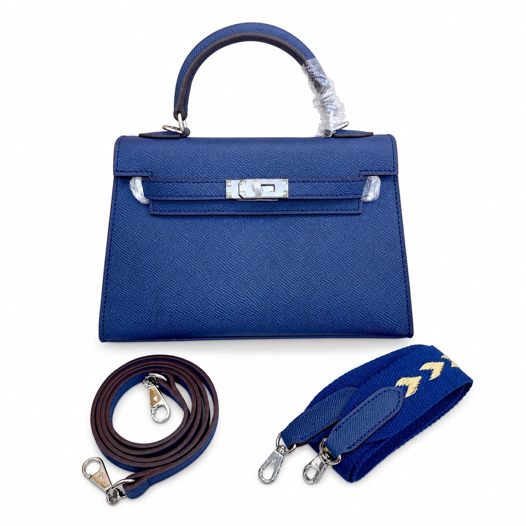 Mini Kelly II Sellier 19cm & 22cm Bleu Nuit Epsom Leather Palladium Hardware — Polished Compact Handbag
