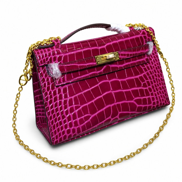 Kelly Pochette Fuchsia Shiny Niloticus Crocodile Leather Gold Hardware Women Clutch Bag — Polished Compact Shoulder Style