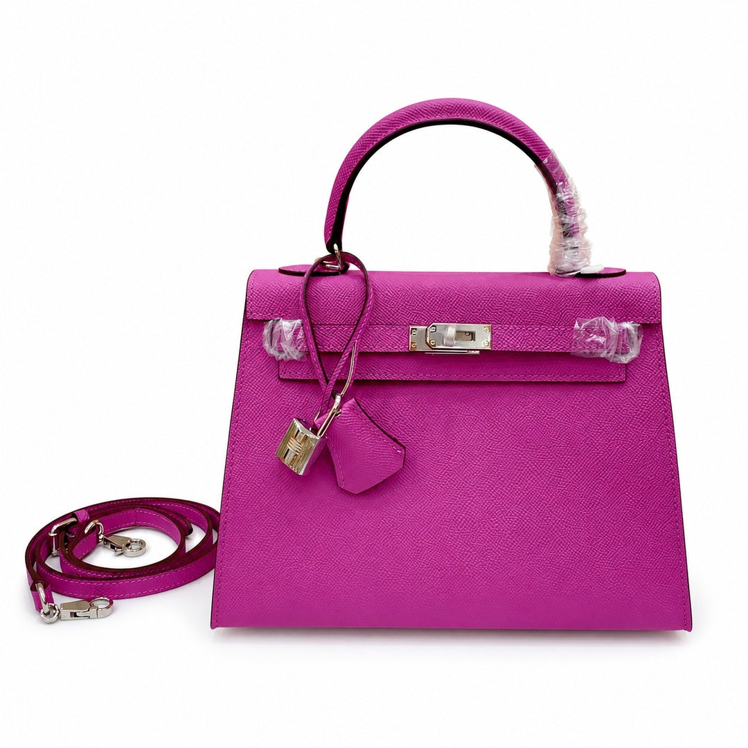 Kelly Sellier 25cm & 28cm Rose Pourpre Epsom Leather Gold Hardware & Palladium Hardware — Classic Hand-Carry Silhouette