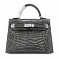 Kelly Sellier 22 Étoupe Shiny Alligator Silver Hardware — Streamlined Top-Handle Handbag