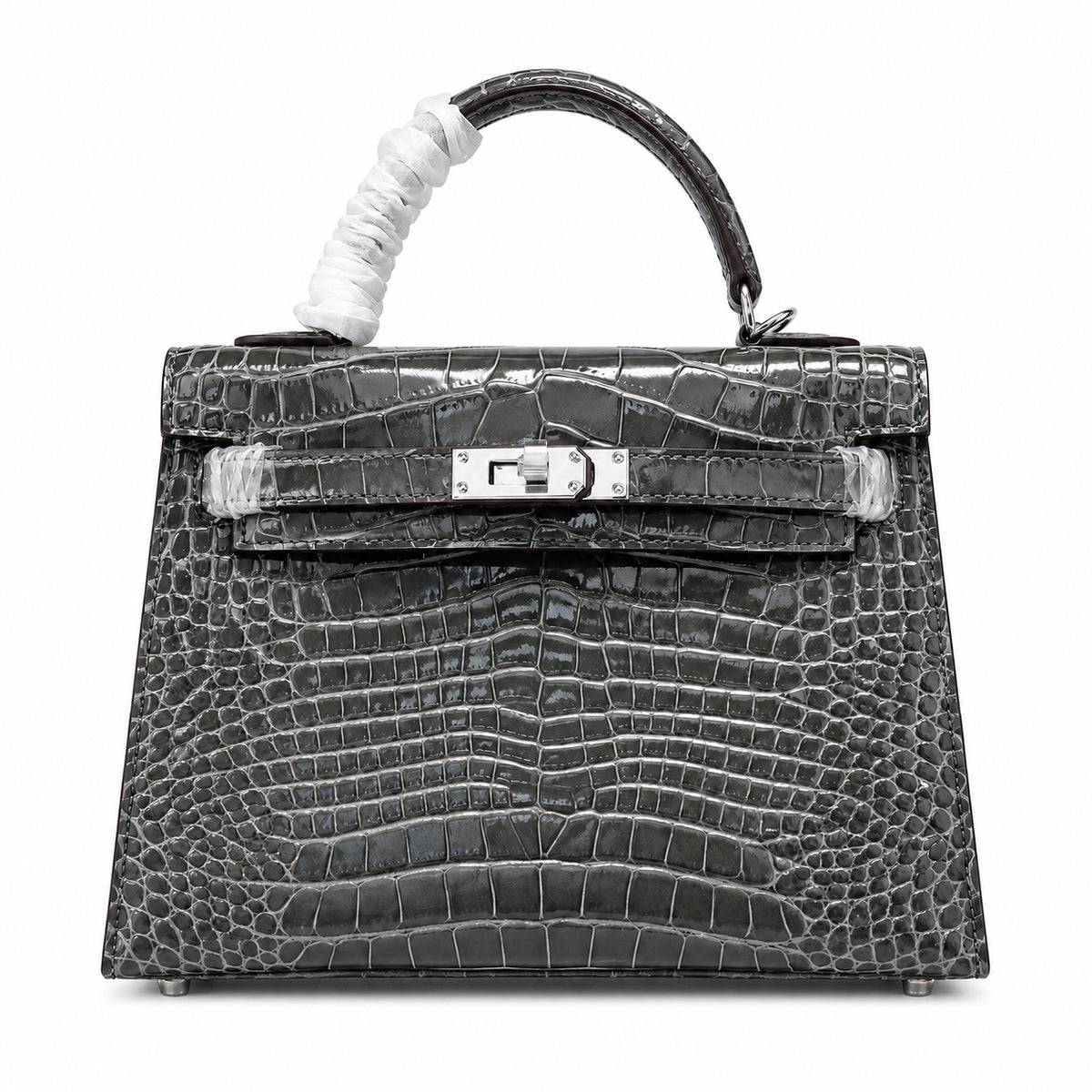 Kelly Sellier 22 Étoupe Shiny Alligator Silver Hardware — Streamlined Top-Handle Handbag