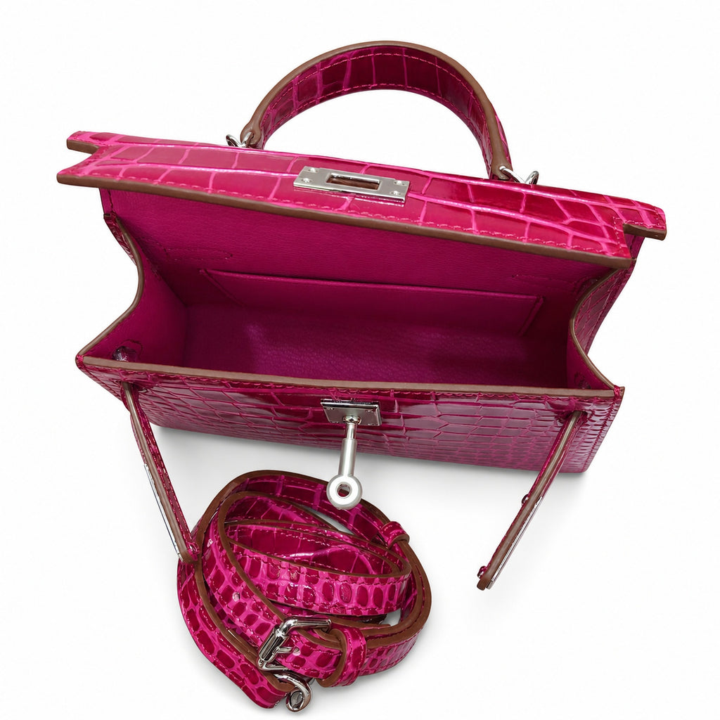Kelly Sellier 19cm Fuchsia Shiny Crocodile Leather Gold Hardware & Palladium Hardware — Versatile Structured Bag