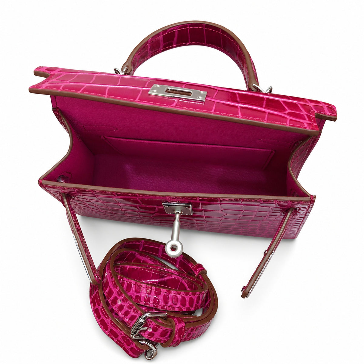 Kelly Sellier 19cm Fuchsia Shiny Crocodile Leather Gold Hardware & Palladium Hardware — Versatile Structured Bag