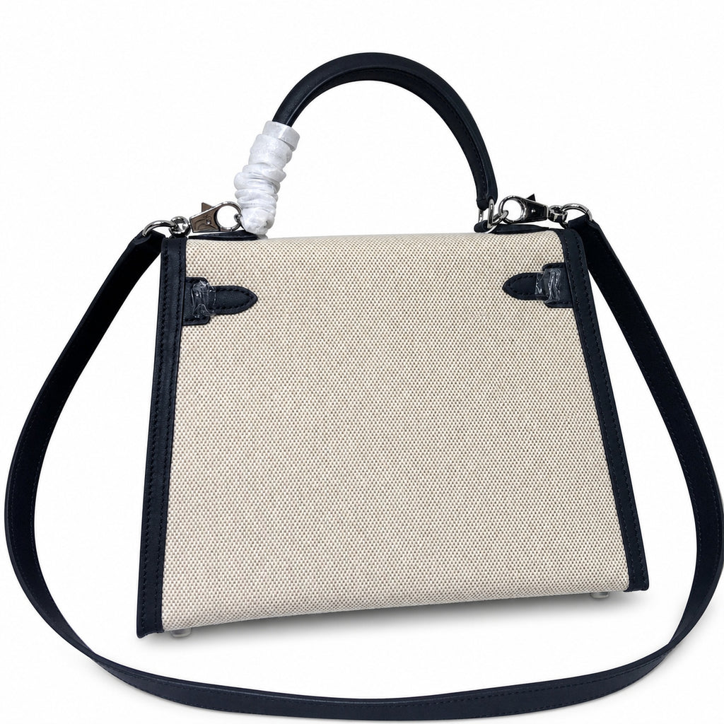 Kelly 25cm Patchwork Canvas and Swift Leather in Black — Polished Structured Handbag