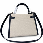 Kelly 25cm Patchwork Canvas and Swift Leather in Black — Polished Structured Handbag