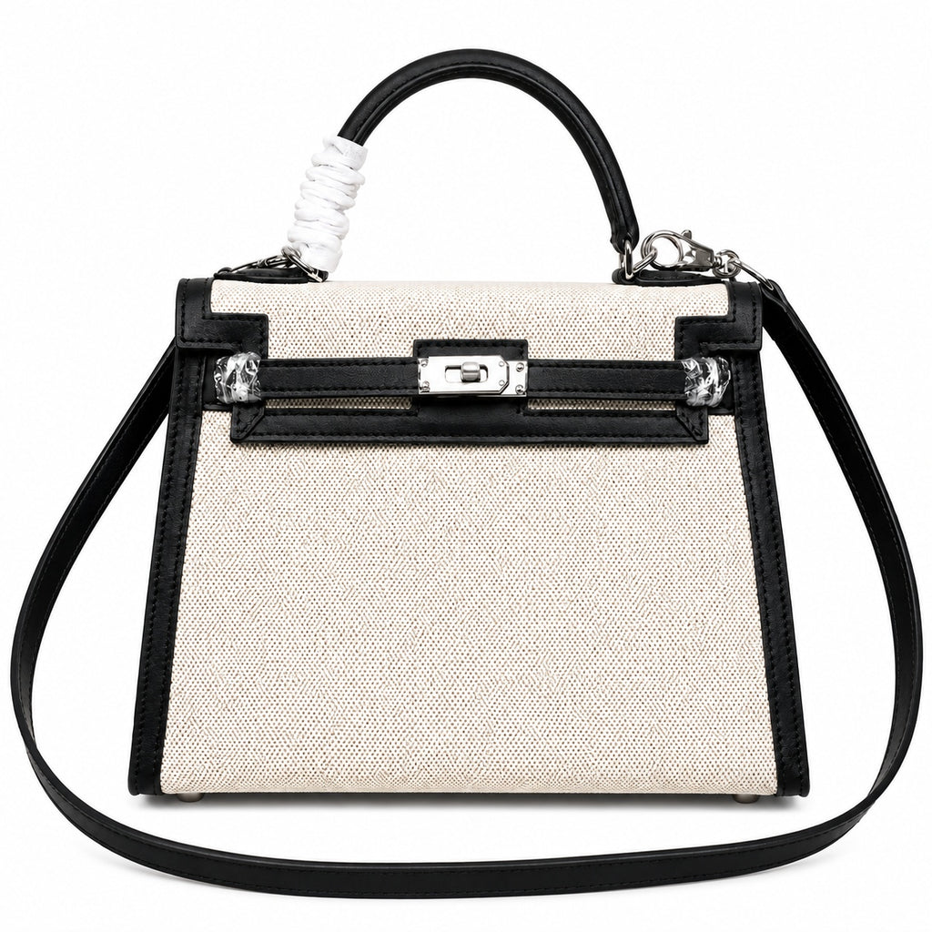 Kelly 25cm Patchwork Canvas and Swift Leather in Black — Polished Structured Handbag