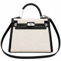 Kelly 25cm Patchwork Canvas and Swift Leather in Black — Polished Structured Handbag