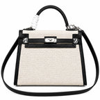 Kelly 25cm Patchwork Canvas and Swift Leather in Black — Polished Structured Handbag