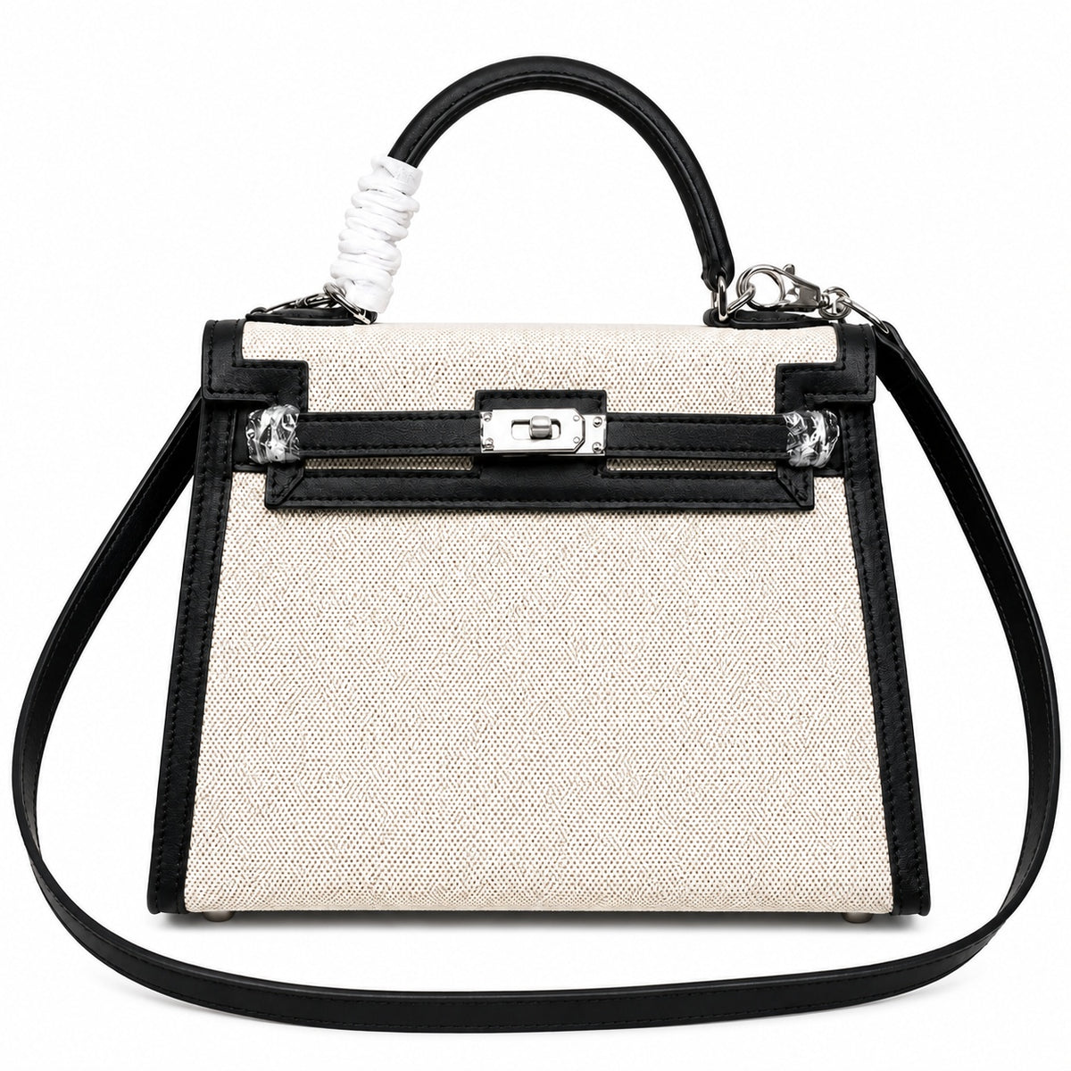 Kelly 25cm Patchwork Canvas and Swift Leather in Black — Polished Structured Handbag