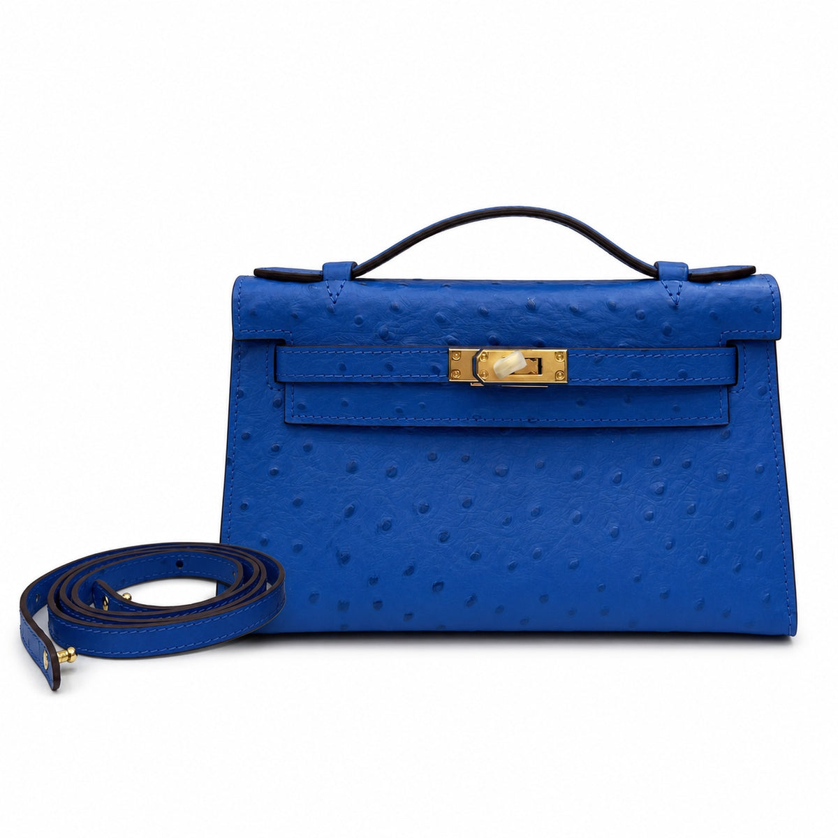 Mini Kelly Sellier 22cm Bleu Electrique Ostrich Leather Gold Hardware — Distinctive Petite Bag