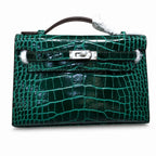 Kelly Pochette Vert Emeraude Shiny Niloticus Crocodile Leather Palladium Hardware Women Clutch Bag — Refined Small Hand-Carry Bag