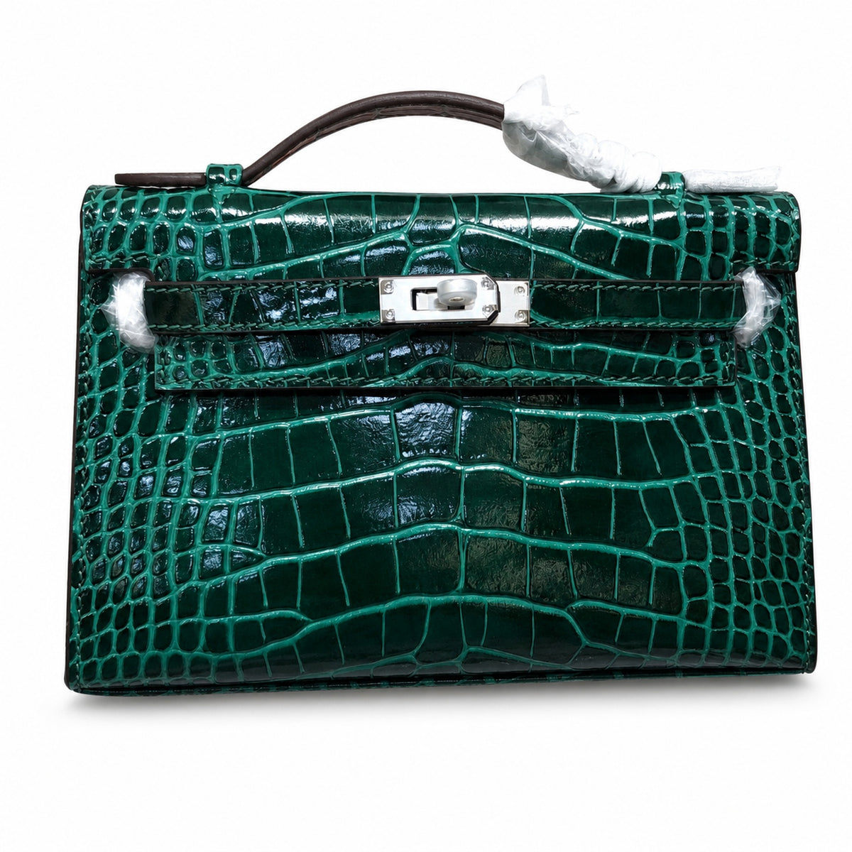 Kelly Pochette Vert Emeraude Shiny Niloticus Crocodile Leather Palladium Hardware Women Clutch Bag — Refined Small Hand-Carry Bag