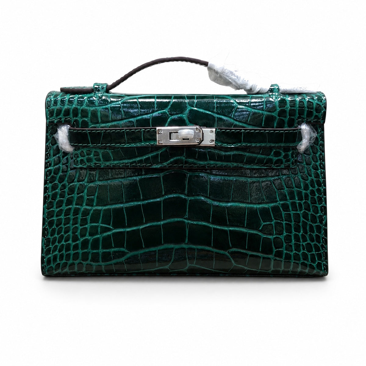Kelly Pochette Vert Emeraude Shiny Niloticus Crocodile Leather Palladium Hardware Women Clutch Bag — Refined Small Hand-Carry Bag