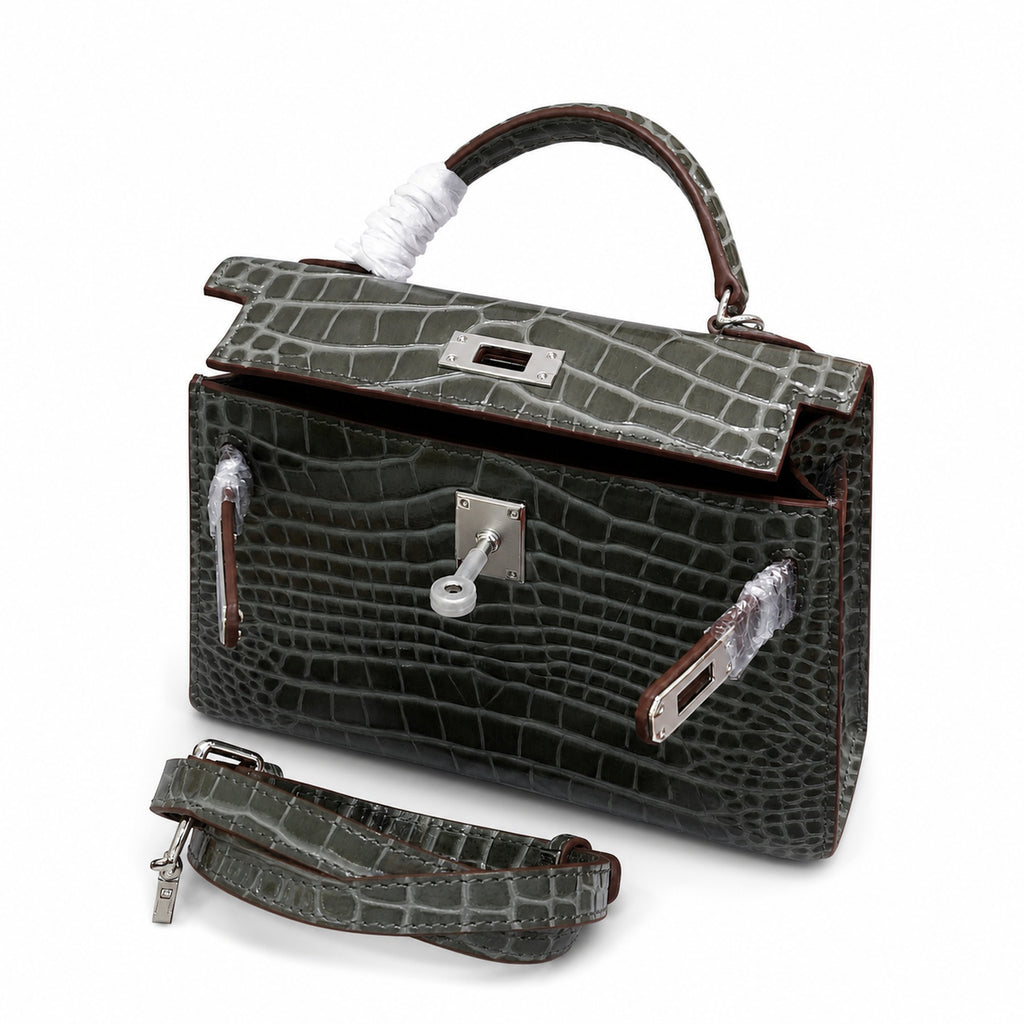Kelly Sellier 19cm Gris Elephant Shiny Crocodile Leather Gold Hardware & Palladium Hardware — Elegant Structured Carry Style