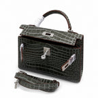 Kelly Sellier 19cm Gris Elephant Shiny Crocodile Leather Gold Hardware & Palladium Hardware — Elegant Structured Carry Style