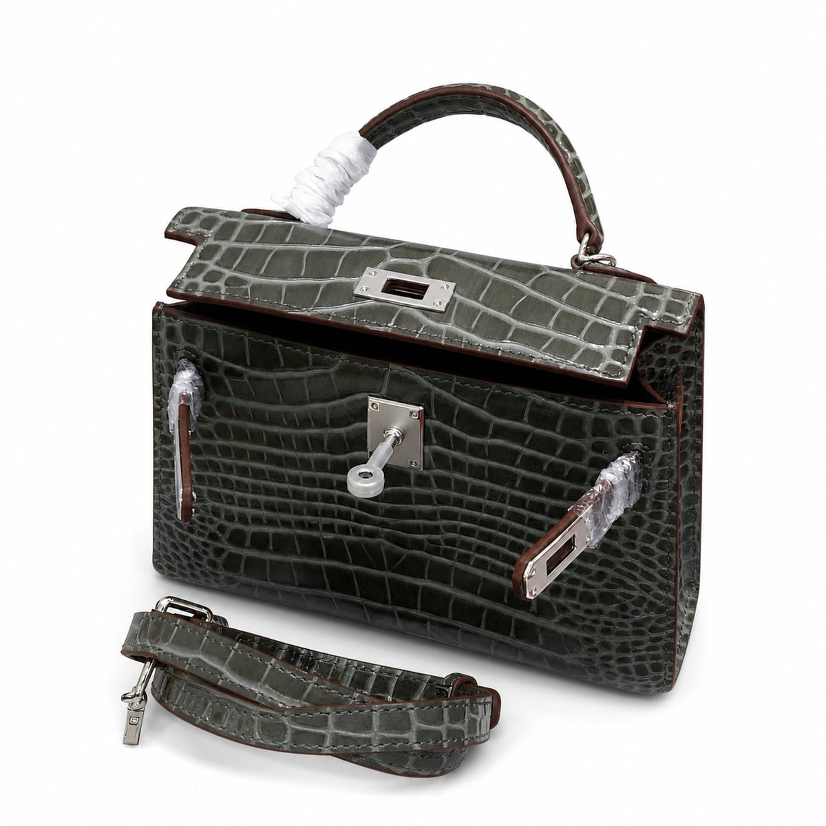 Kelly Sellier 19cm Gris Elephant Shiny Crocodile Leather Gold Hardware & Palladium Hardware — Elegant Structured Carry Style