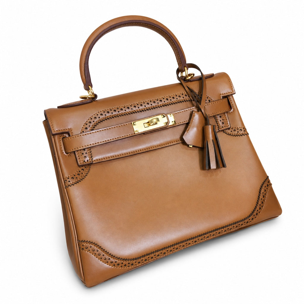 Kelly Sellier Ghillies 28cm Natural Sable Barenia Leather Gold Hardware — Streamlined Top-Handle Handbag