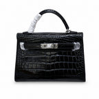 Kelly Sellier 19cm Noir Shiny Crocodile Leather Gold Hardware & Palladium Hardware — Sophisticated Carry Design