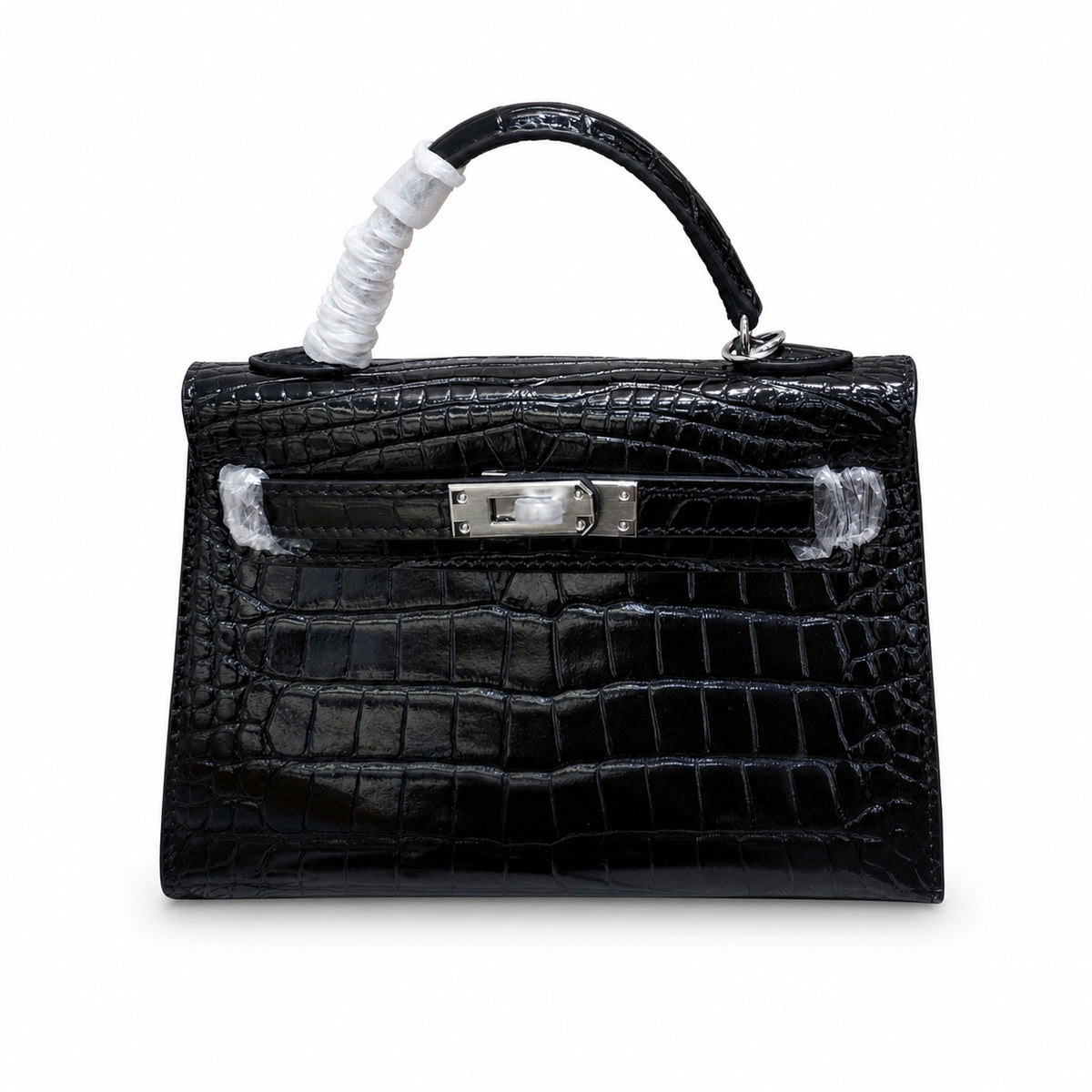 Kelly Sellier 19cm Noir Shiny Crocodile Leather Gold Hardware & Palladium Hardware — Sophisticated Carry Design