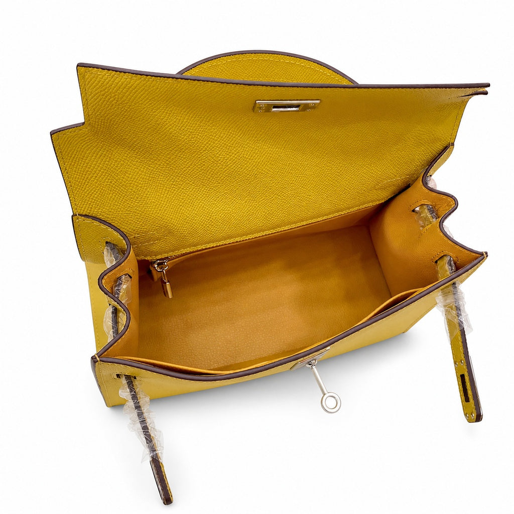 Kelly Sellier 25cm & 28cm Jaune Ambre Epsom Leather Palladium Hardware Women Luxury — Refined Top-Handle Bag