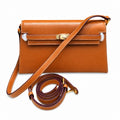 Kelly Elan 25x6.5x15cm Underarm Baguette Bag in Brown with Gold Buckle — Distinctive Elongated Handbag