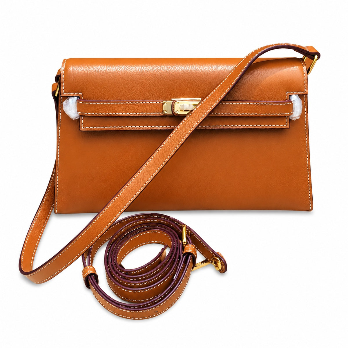 Kelly Elan 25x6.5x15cm Underarm Baguette Bag in Brown with Gold Buckle — Distinctive Elongated Handbag