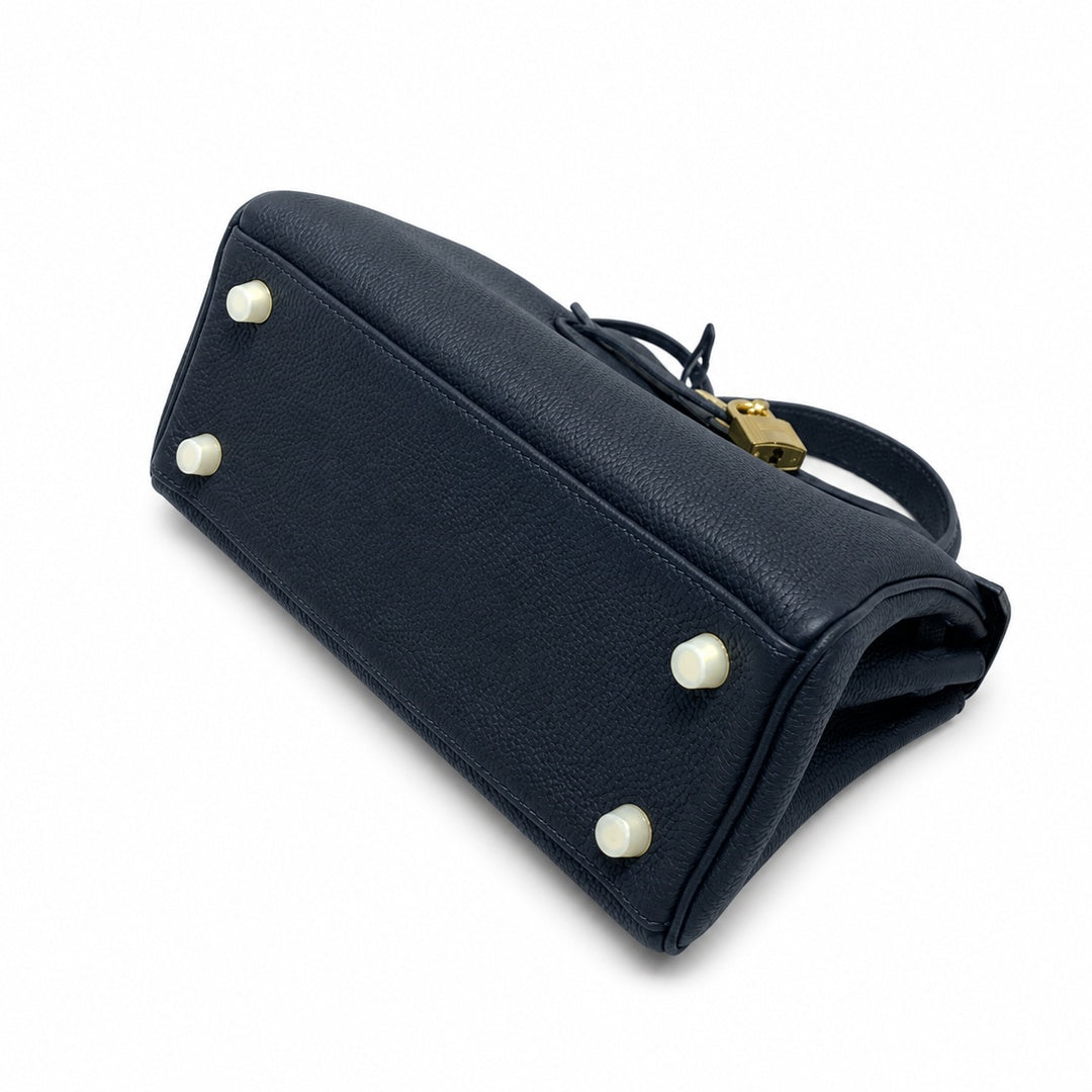 Kelly Sellier 20cm & 25cm & 28cm Bleu Nuit Togo Leather Gold Hardware — Timeless Top-Handle Design