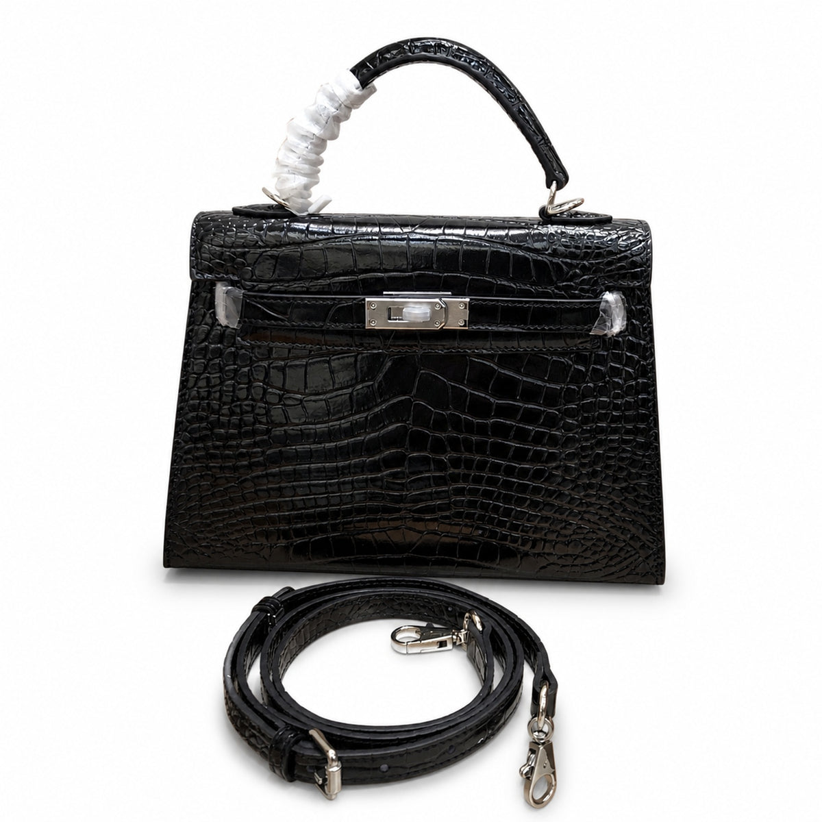 Kelly Sellier 22cm Noir Shiny Crocodile Leather Gold Hardware & Palladium Hardware — Classic Hand-Carry Silhouette