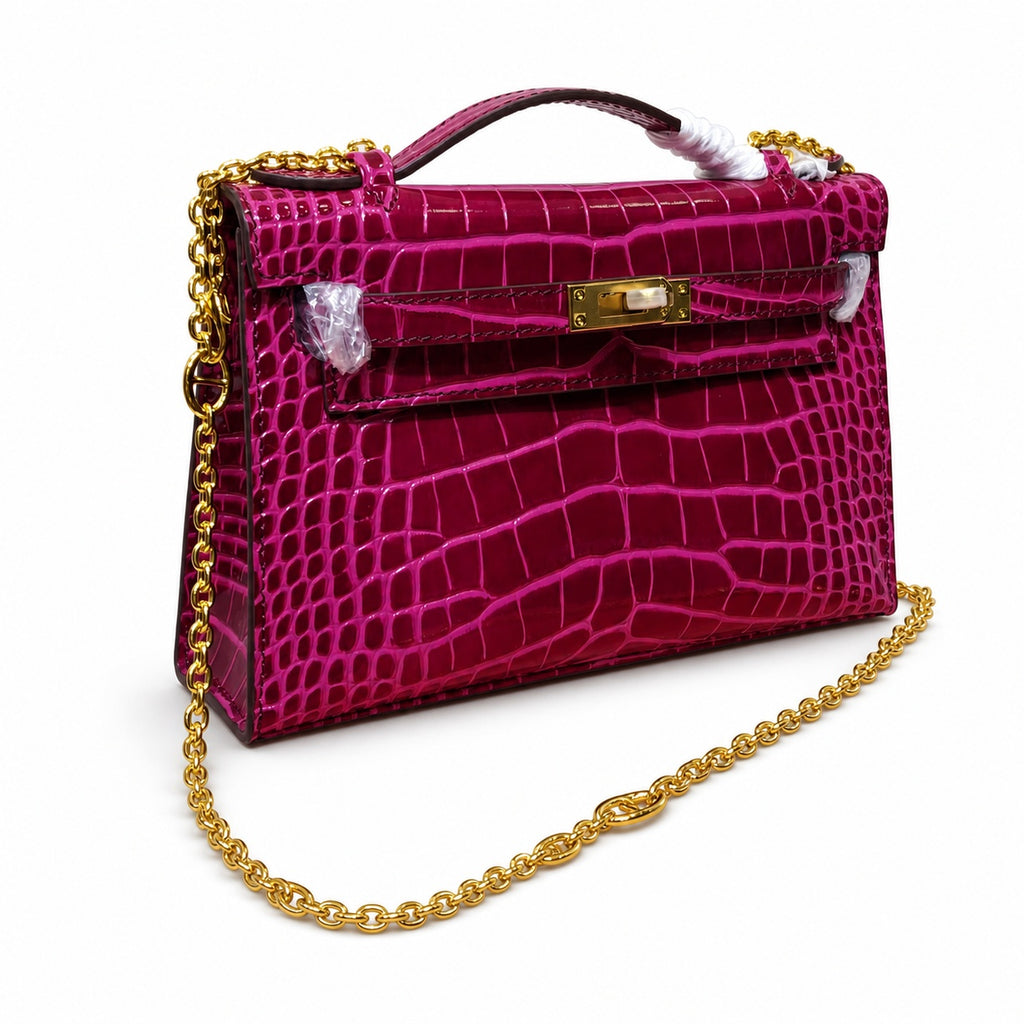 Kelly Pochette Fuchsia Shiny Niloticus Crocodile Leather Gold Hardware Women Clutch Bag — Polished Compact Shoulder Style