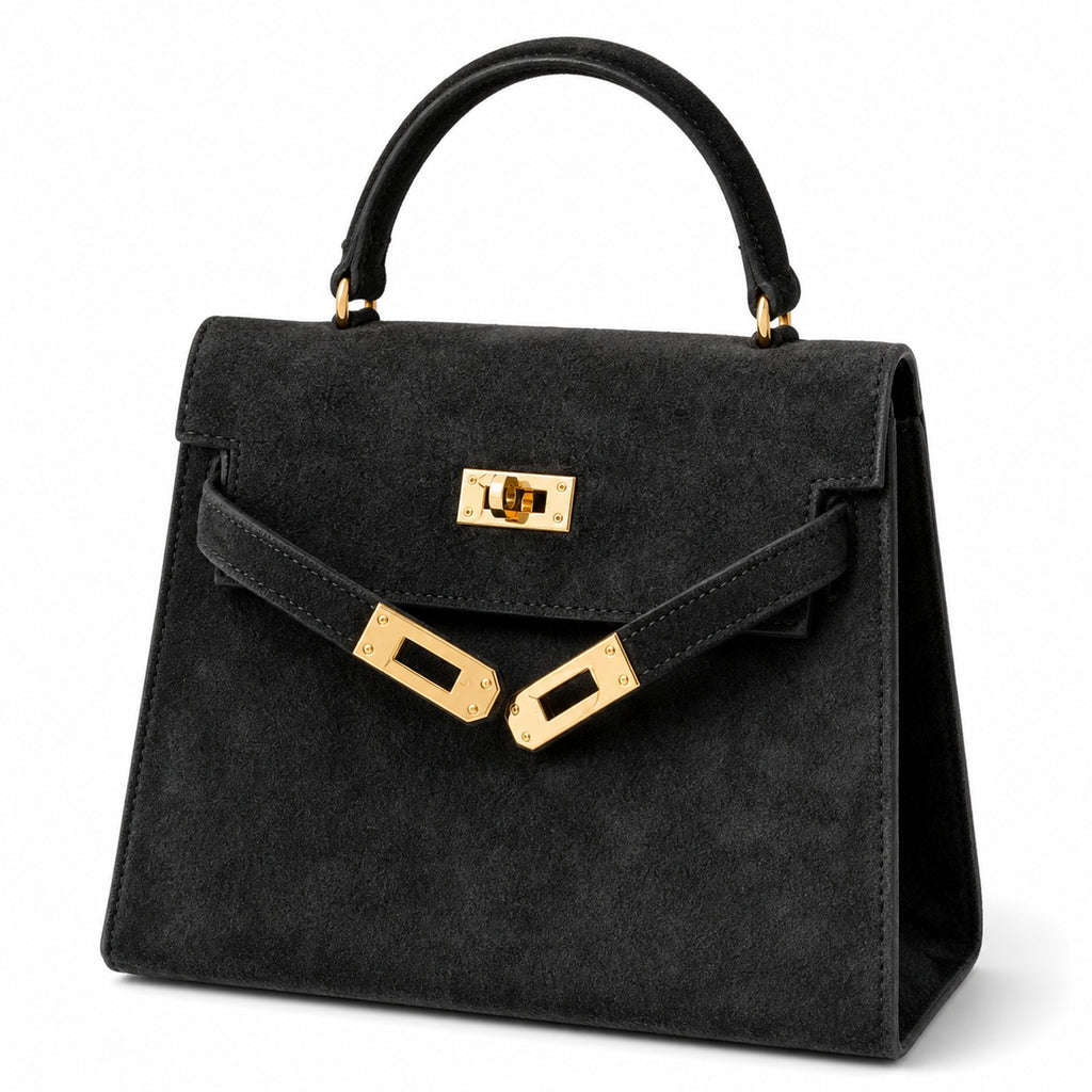 Kelly Sellier 22cm Noir Suede Leather Gold Hardware — Polished Structured Handbag