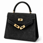 Kelly Sellier 22cm Noir Suede Leather Gold Hardware — Polished Structured Handbag