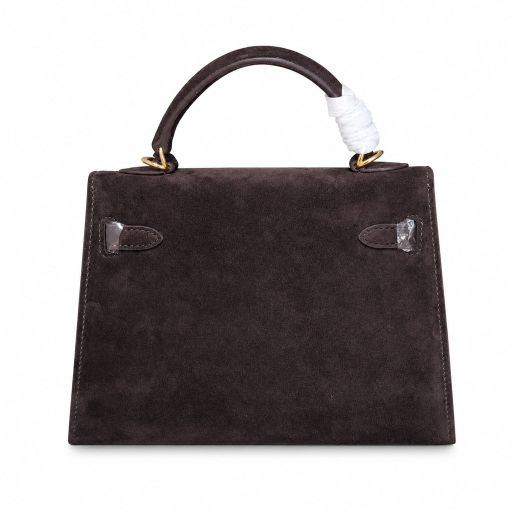 Mini Kelly Sellier 22cm Ebene Suede Leather Gold Hardware — Versatile Mini Carry Design
