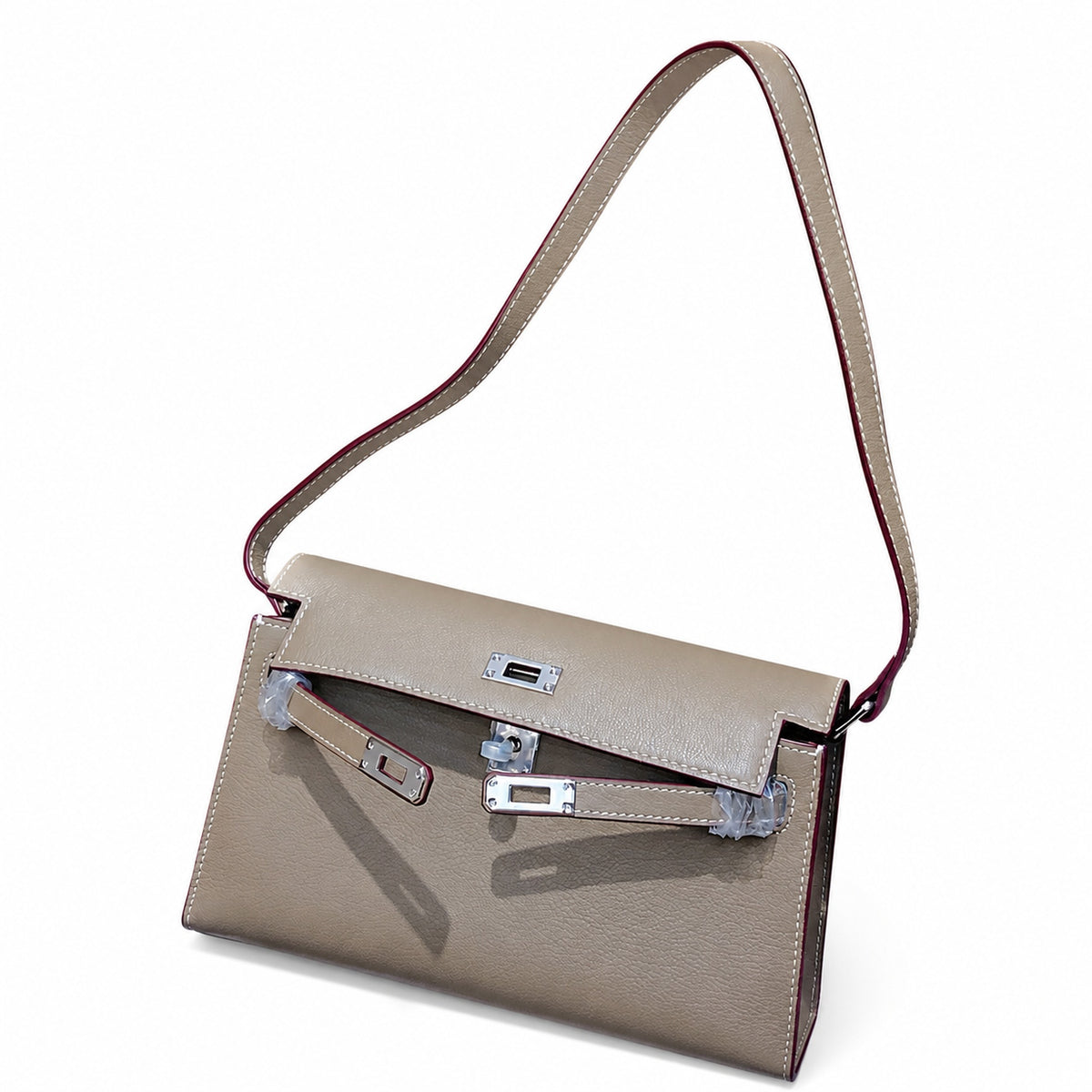 Kelly Elan 25x6.5x15cm Underarm Baguette Bag in Khaki with Silver Hardware — Elegant Shoulder-Carry Bag