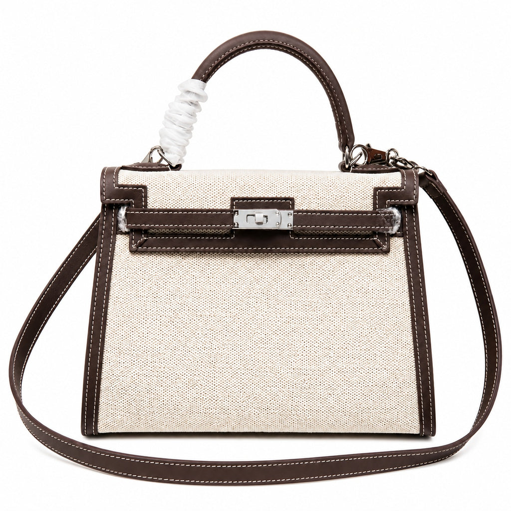 Kelly 25cm Patchwork Canvas and Swift Leather in Deep Ebony — Versatile Structured Bag