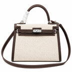Kelly 25cm Patchwork Canvas and Swift Leather in Deep Ebony — Versatile Structured Bag