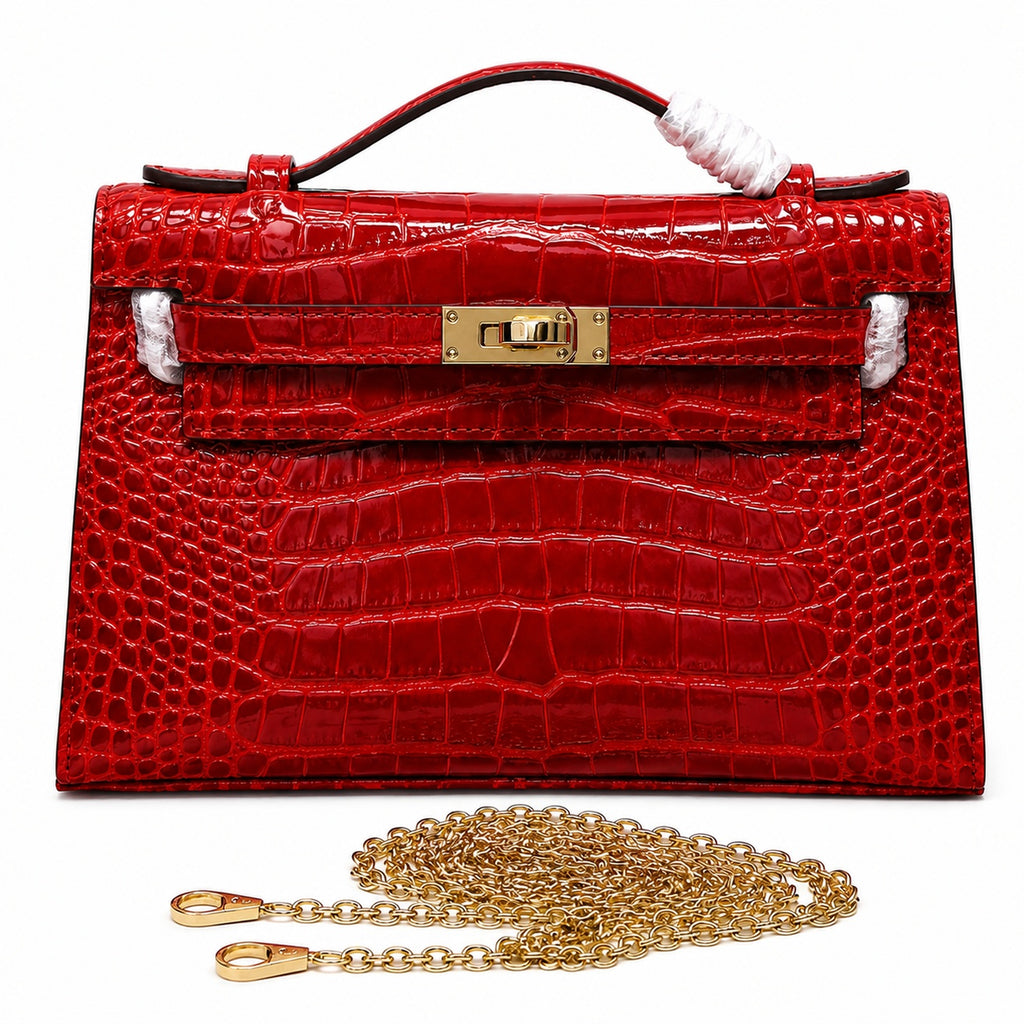 Kelly Pochette Rouge Casa Shiny Niloticus Crocodile Leather Gold Hardware Women Clutch Bag — Elegant Petite Clutch