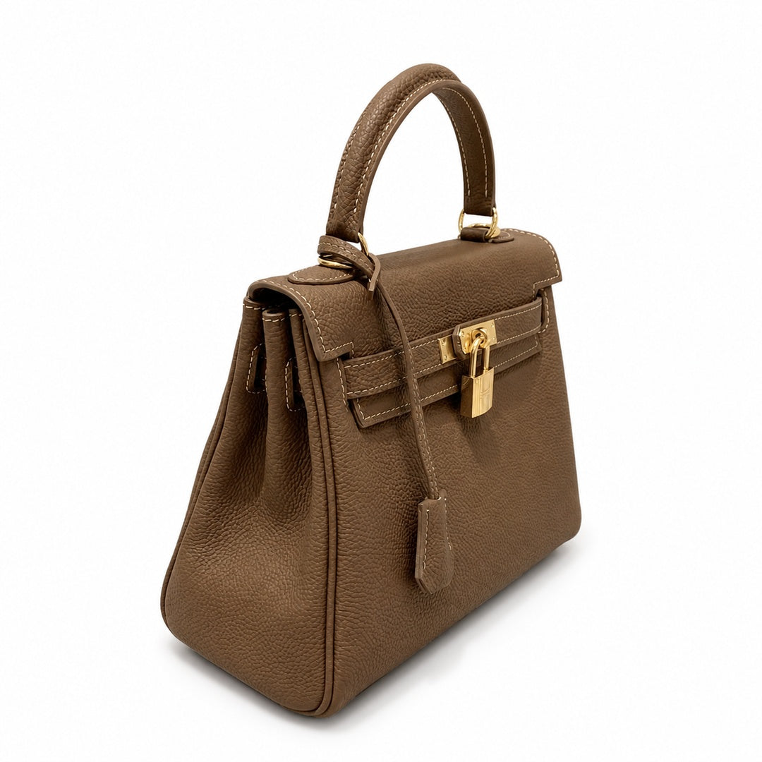 Kelly Sellier 20cm & 25cm & 28cm Chocolat Togo Leather Gold Hardware — Refined Top-Handle Bag