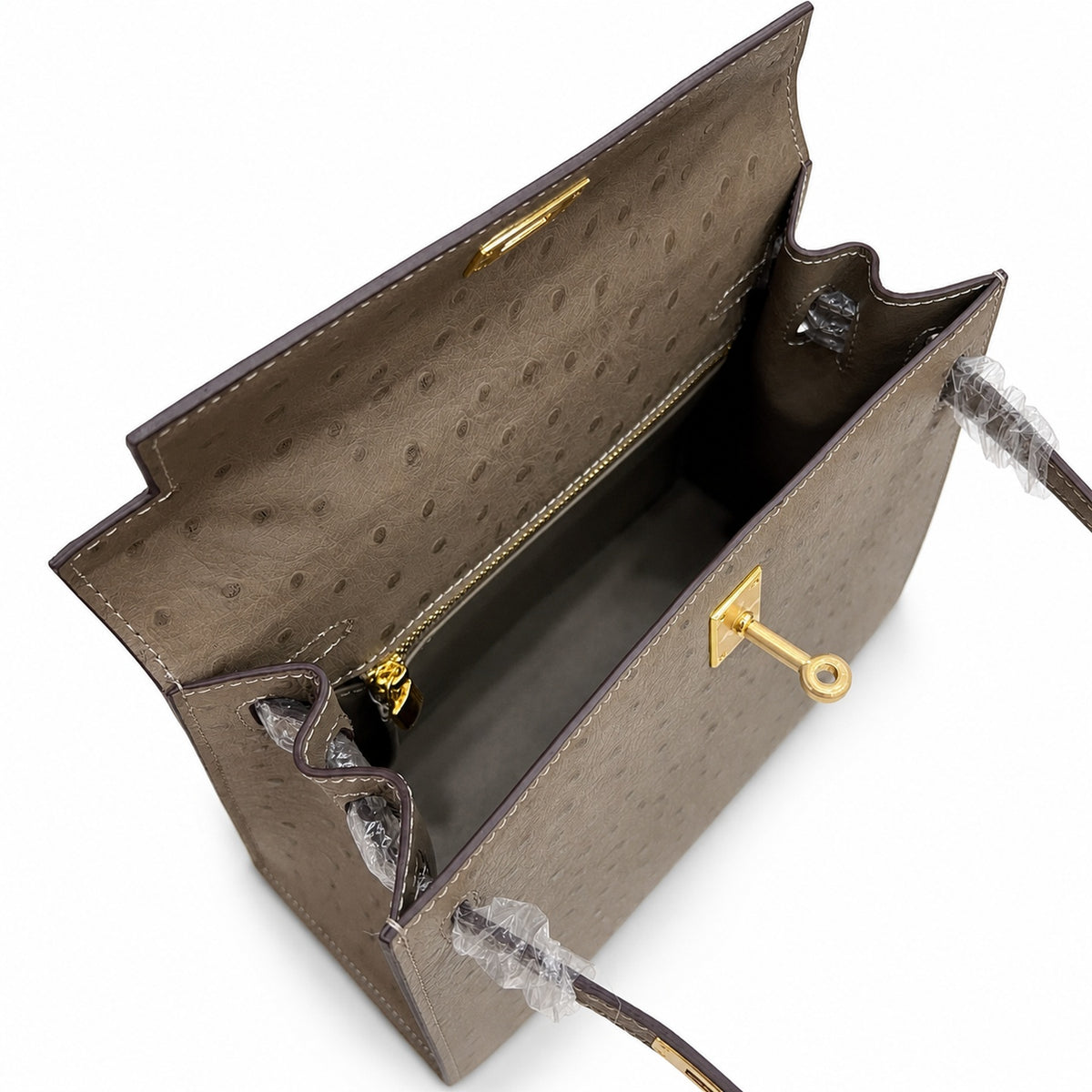 Hermès Kelly Sellier 25 Ostrich Etoupe Gold Hardware — Classic Hand-Carry Silhouette