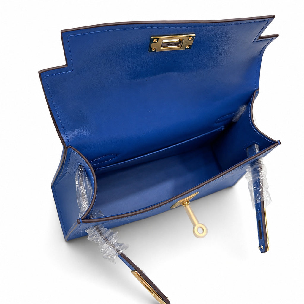 Mini Kelly II 19cm Sellier Bleu Electrique Ostrich Gold Hardware Luxury Crossbody — Compact Top-Handle Bag