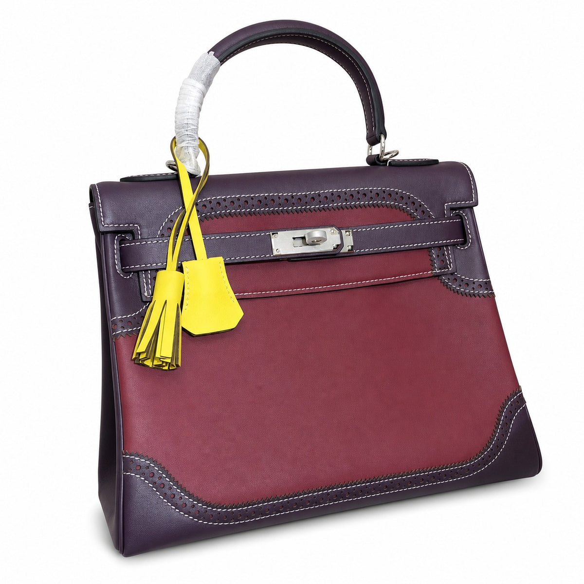 Kelly Sellier Ghillies 28cm Bordeaux & Marron Foncé Barenia Leather Palladium Hardware — Timeless Top-Handle Design