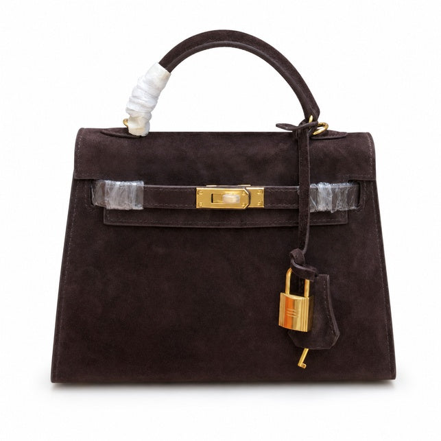 Mini Kelly Sellier 22cm Ebene Suede Leather Gold Hardware — Versatile Mini Carry Design