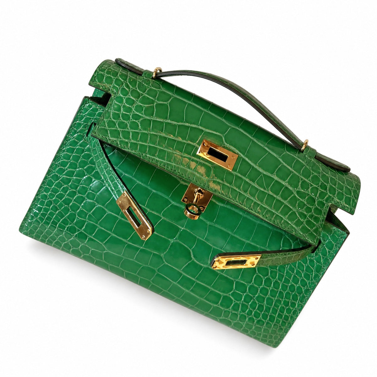 Kelly Pochette Vert Emeraude Shiny Niloticus Crocodile Leather Gold Hardware Women Clutch Bag — Polished Compact Shoulder Style
