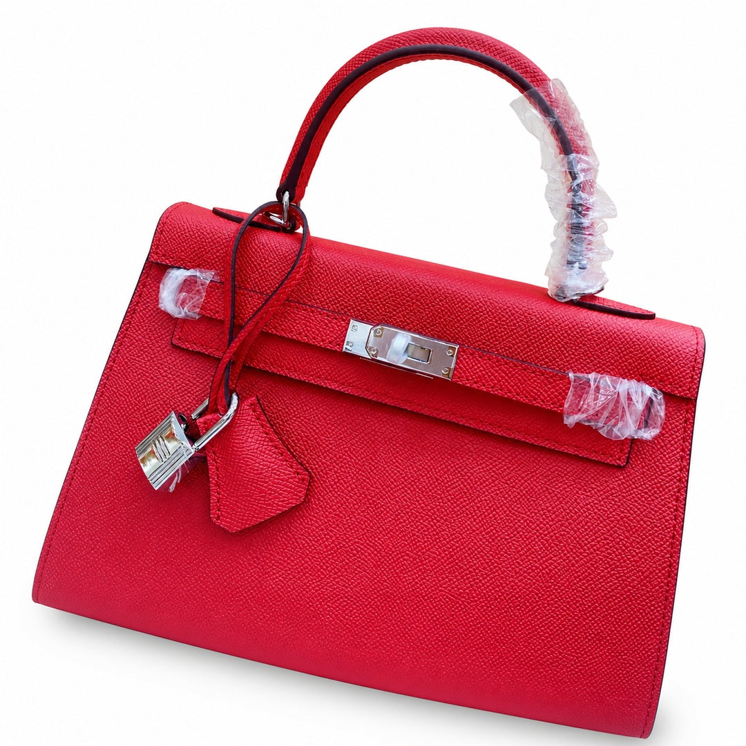 Kelly Sellier 25cm & 28cm Rouge Casaque Epsom Leather Palladium Hardware Crossbody — Polished Structured Handbag