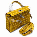 Kelly Sellier 19cm Jaune Ambre Shiny Crocodile Leather Gold Hardware & Palladium Hardware — Structured Top-Handle Handbag