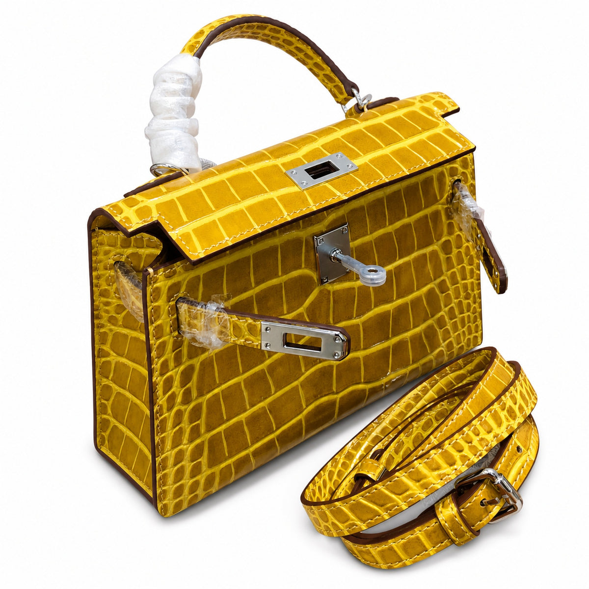 Kelly Sellier 19cm Jaune Ambre Shiny Crocodile Leather Gold Hardware & Palladium Hardware — Structured Top-Handle Handbag