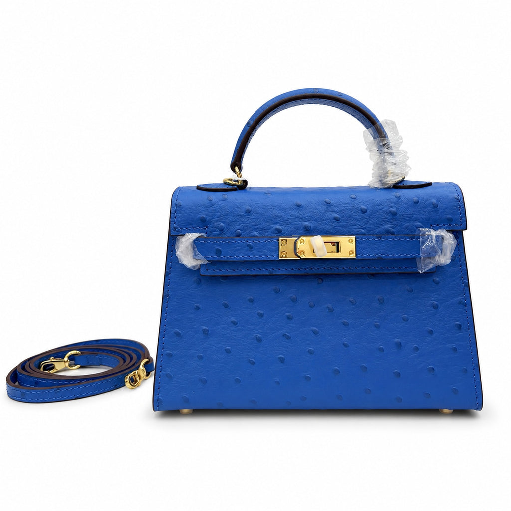 Mini Kelly II 19cm Sellier Bleu Electrique Ostrich Gold Hardware Luxury Crossbody — Compact Top-Handle Bag