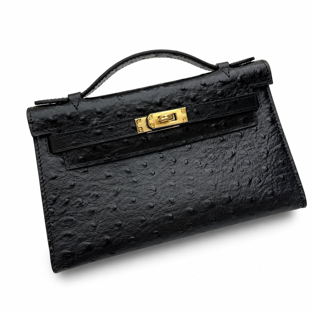 Mini Kelly Sellier 22cm Noir Ostrich Leather Gold Hardware — Small Structured Carry Style