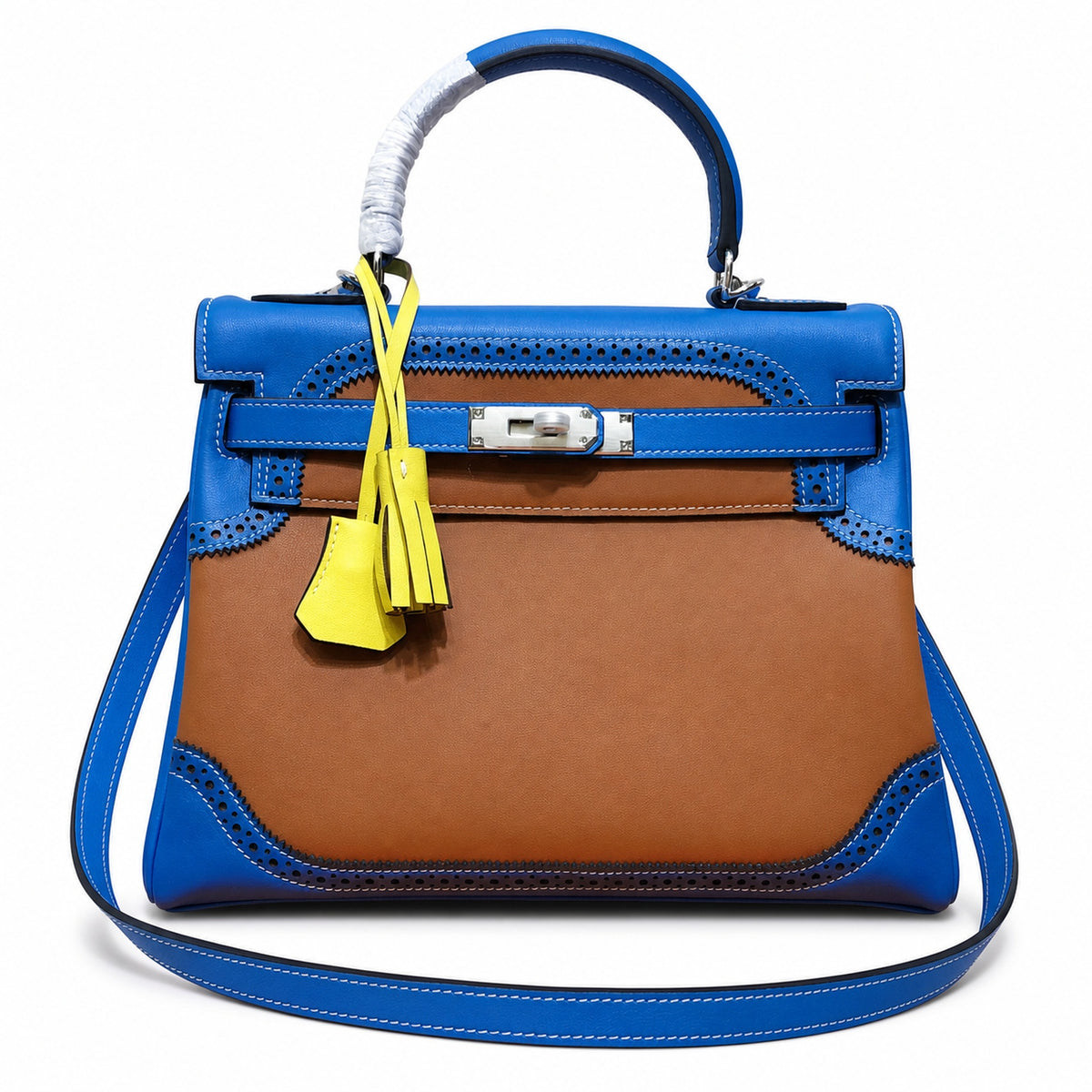 Kelly Sellier Ghillies 28cm Bleu Izmir & Natural Sable Barenia Leather Palladium Hardware — Refined Top-Handle Bag