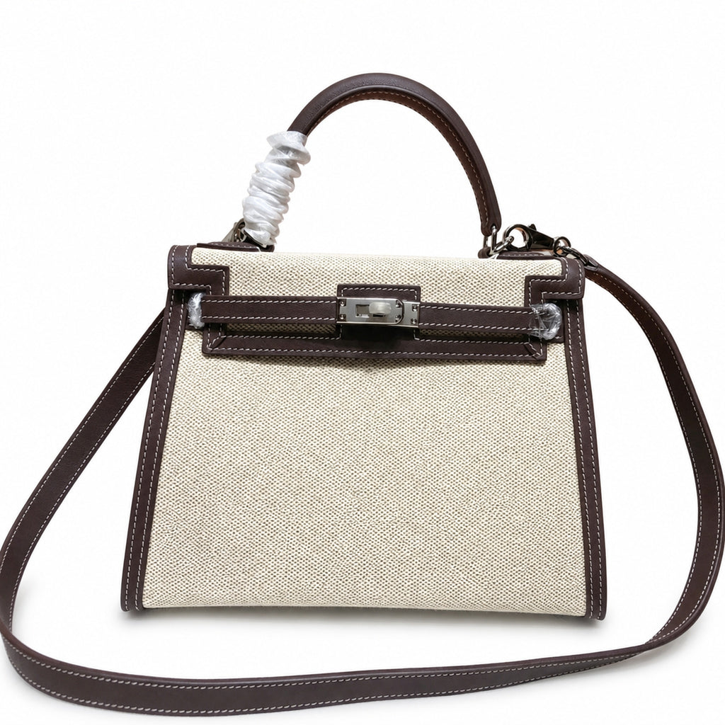 Kelly 25cm Patchwork Canvas and Swift Leather in Deep Ebony — Versatile Structured Bag